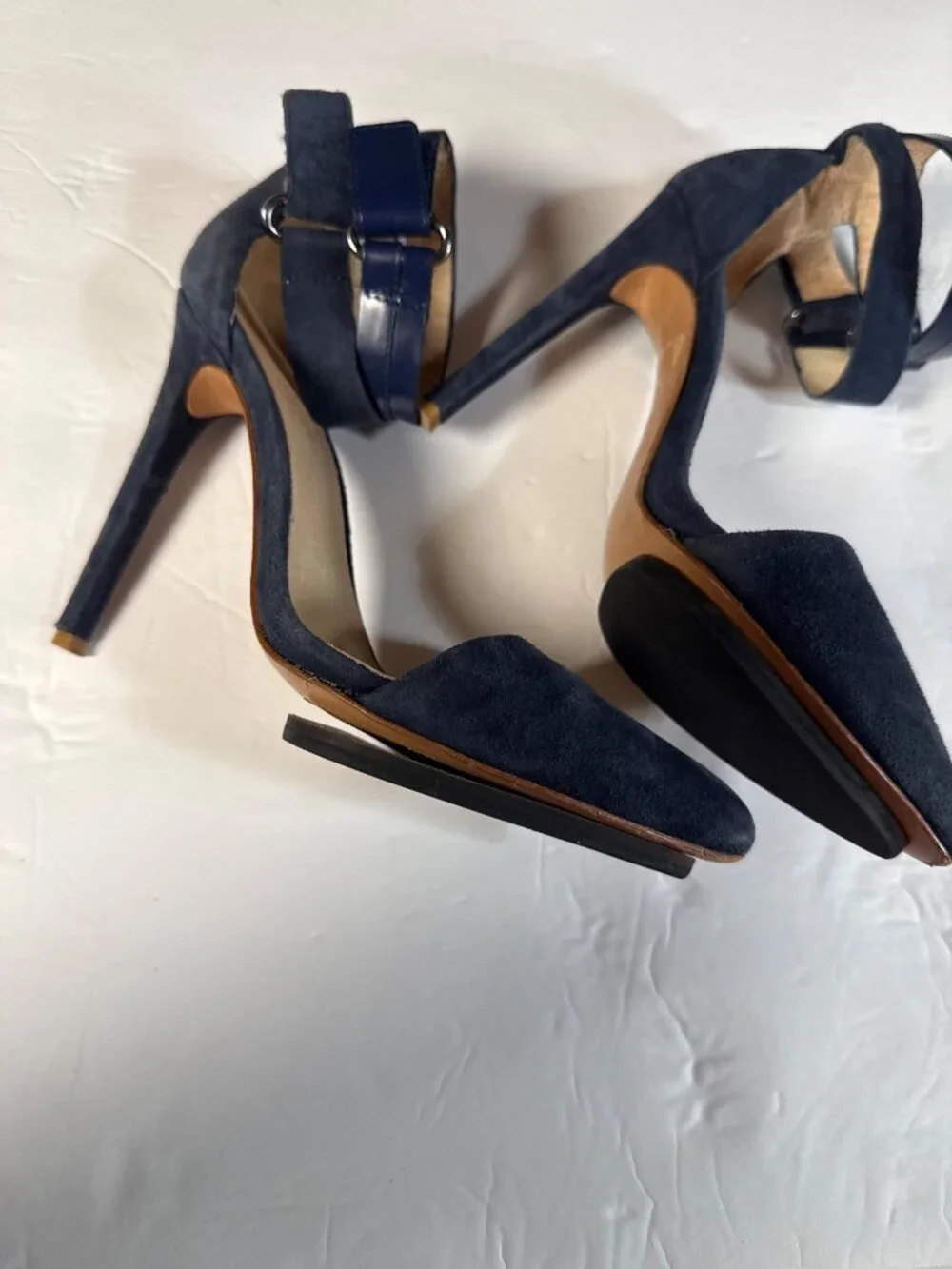 L.A.M.B. Gwen Stefani Navy Blue Suede Ankle Strap Pointed Toe Heels Size 6.5M